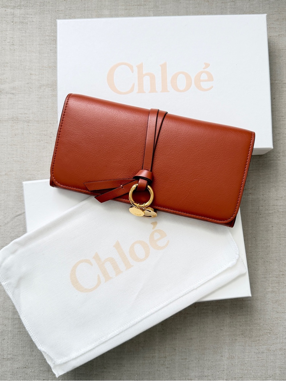 Chloé Cognac Leather Wallet with Signature Gold Ring
